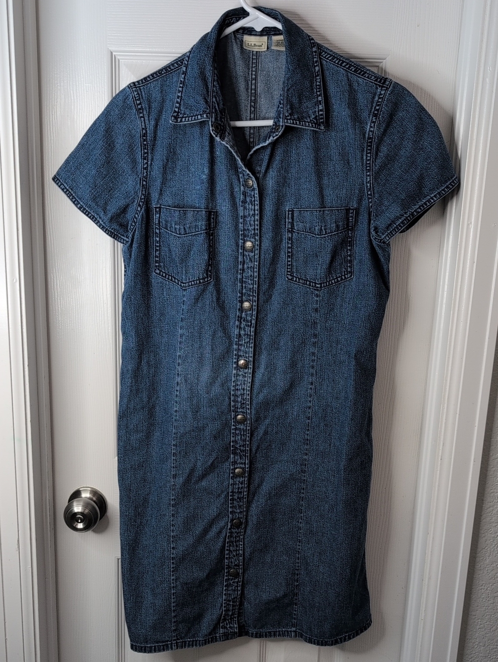 L.L. Bean 100% Cotton Blue Short-Sleeve Denim Button-Front Dress Size 10 Petite